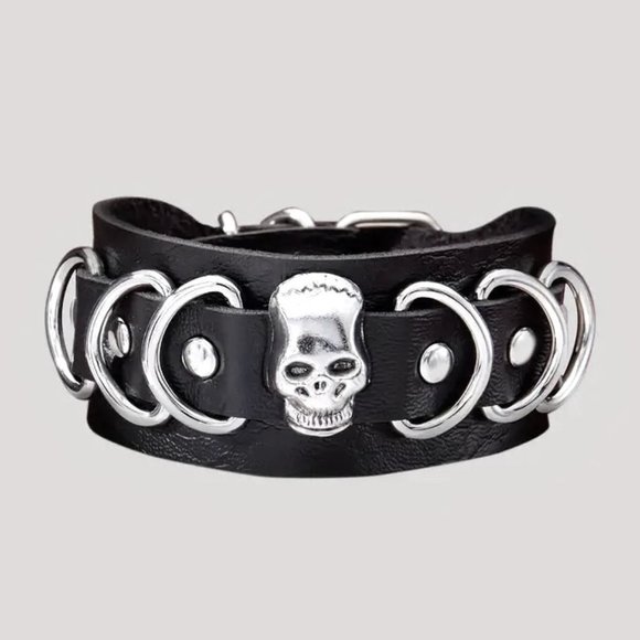Leather Skull Cuff Bracelet Wrist Rivets Rings Bangle Punk Edgy Rock Biker Scene - Picture 2 of 4